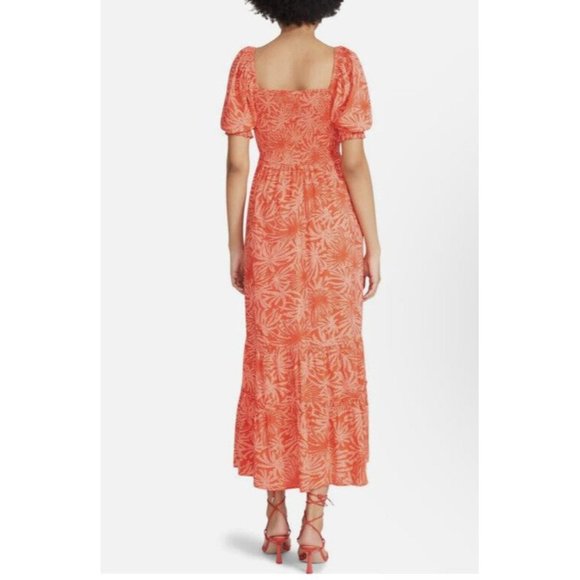 Betsey Johnson Orange Red Palms of Paradise Smocked Maxi Dress Size M Ruffle - Picture 3 of 8